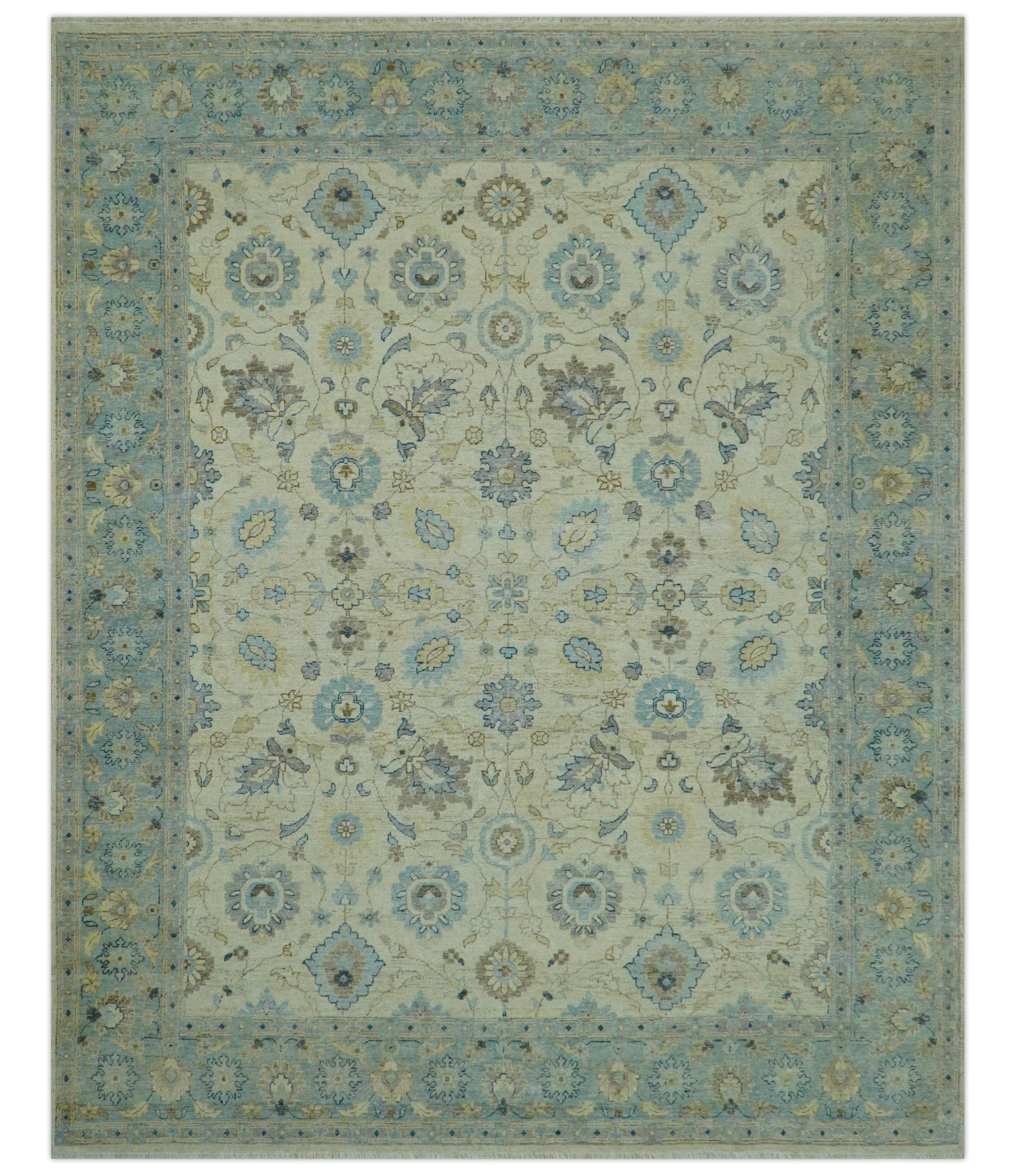 Distressed traditional Design Blue And Beige Hand Knotted 8x10 Wool Area Rug