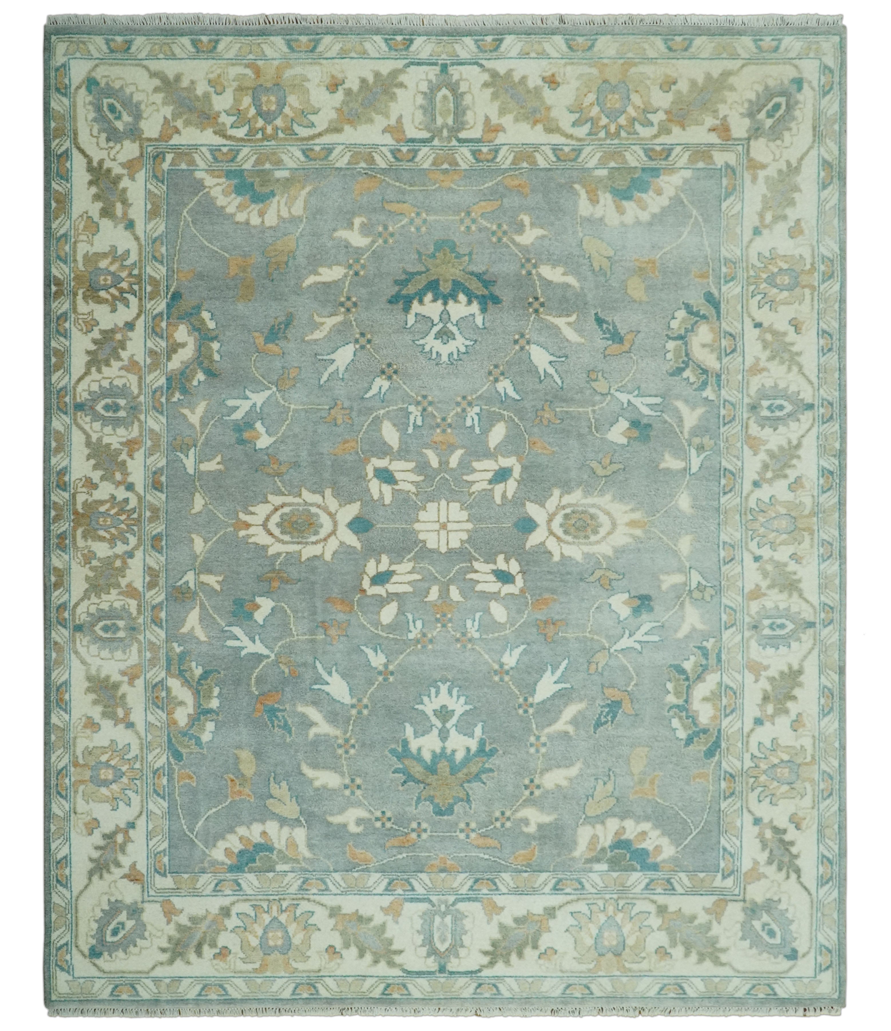 8x10 Traditional Floral Silver and Ivory Hand Knotted wool area rug