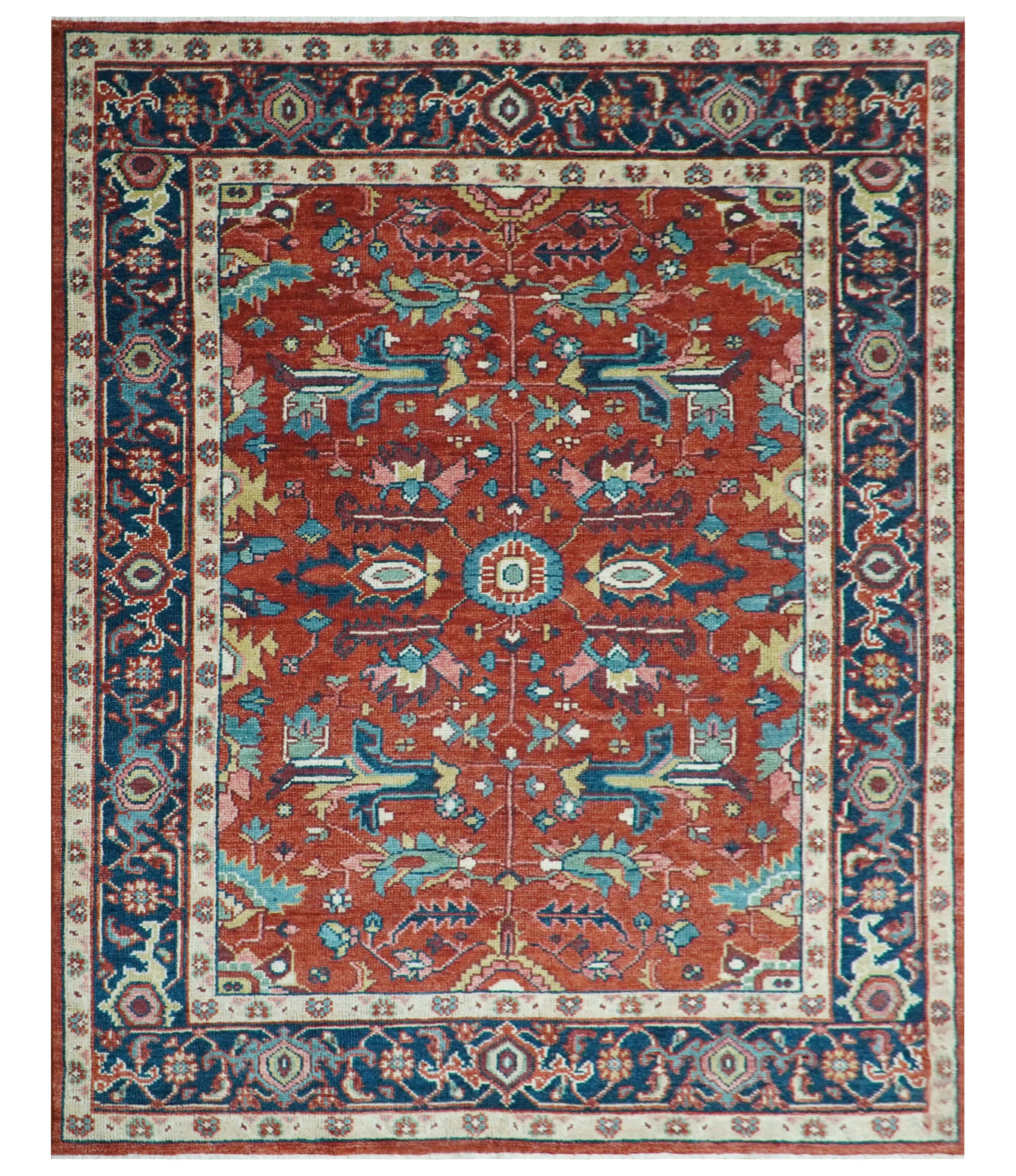 Custom Made Red And Blue Traditional Hand Knotted Wool Rug