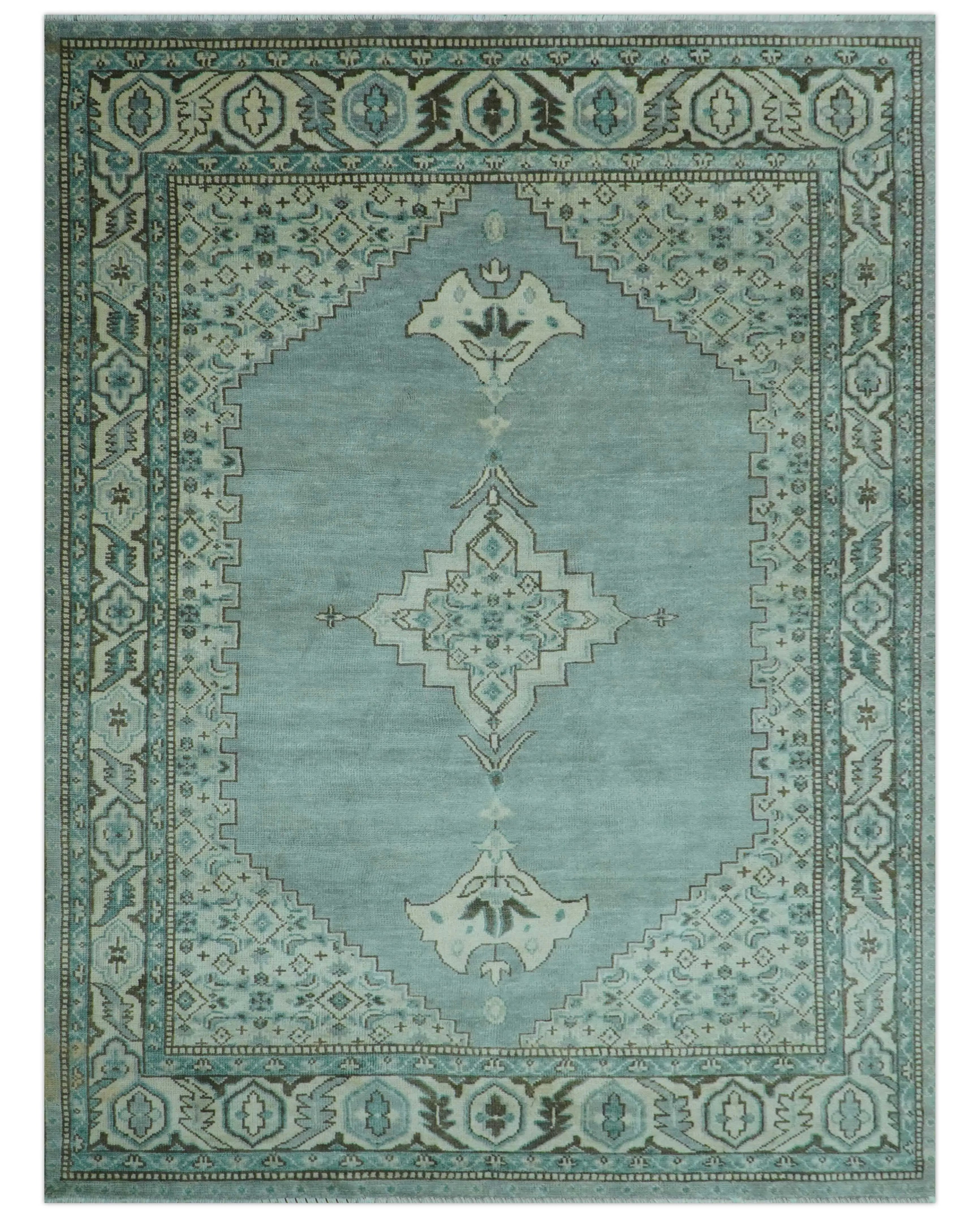 Custom Made Blue And Gray Traditional Medallion Hand Knotted Wool Rug