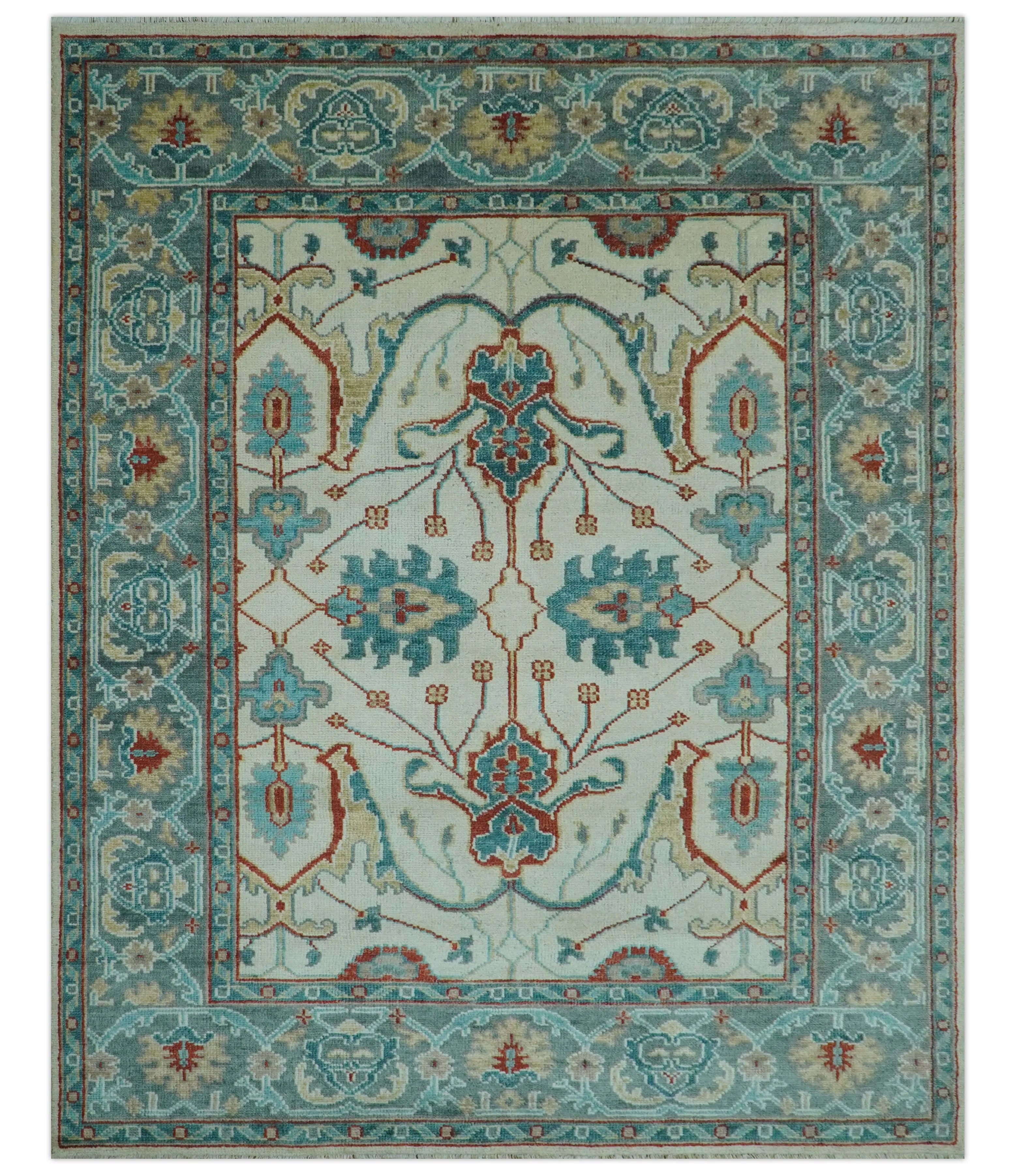 Custom Made Traditional Oriental Oushak Ivory And Blue Hand Knotted Wool Rug