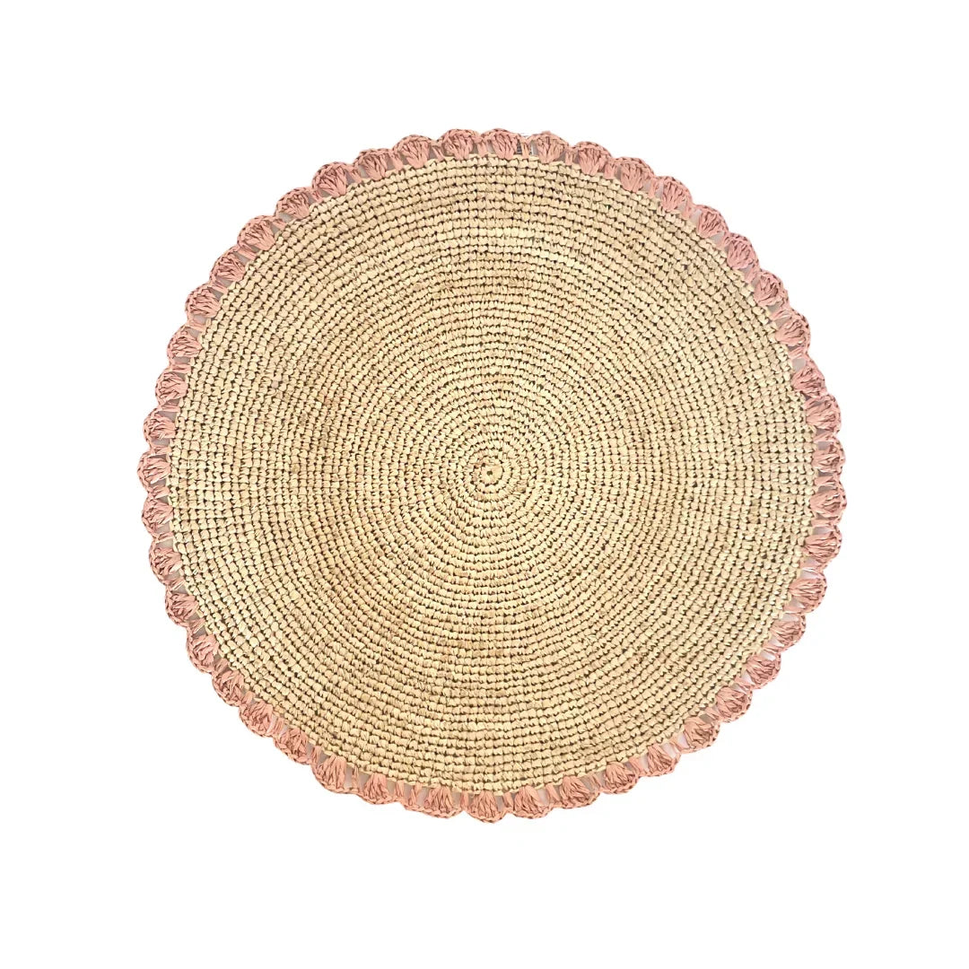 Aura Pink edge placemat, Woven raffia tabletop - The Mayfair Hall