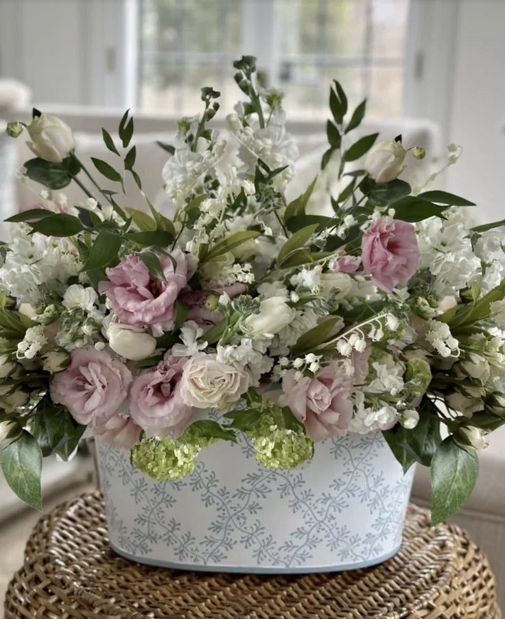 White & Pale Blue Trellis Scalloped Planter - The Mayfair Hall