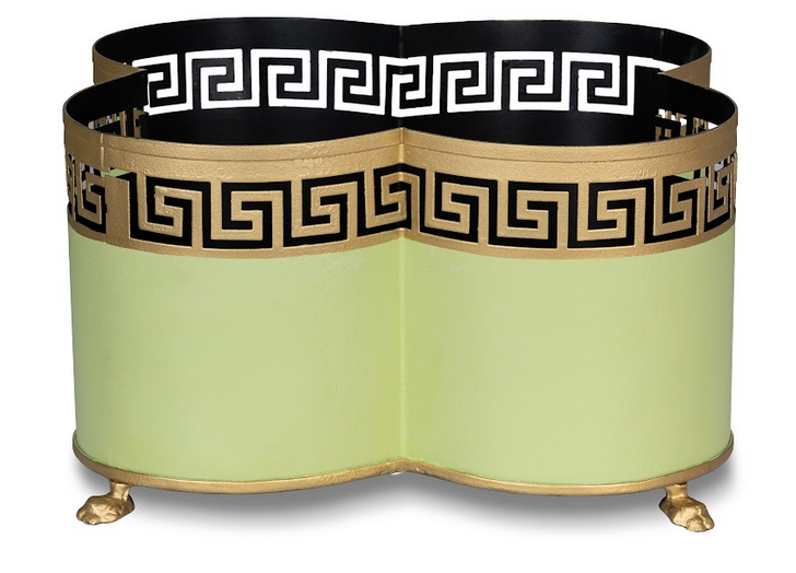 Grass Green & Gold Greek Key Quatrefoil Planter
