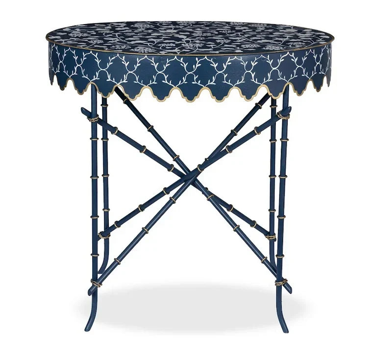 Navy & White Trellis Oval Scalloped Table - The Mayfair Hall