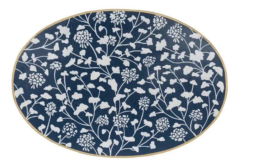 Navy & White Trellis Oval Scalloped Table - The Mayfair Hall