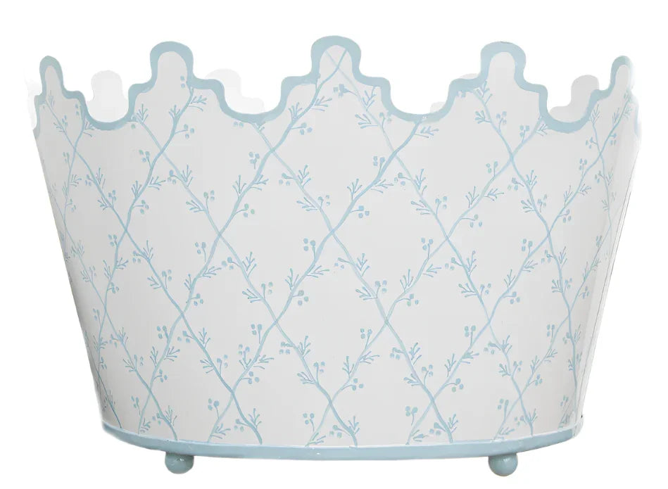 White & Pale Blue Trellis Scalloped Footed Planter - The Mayfair Hall