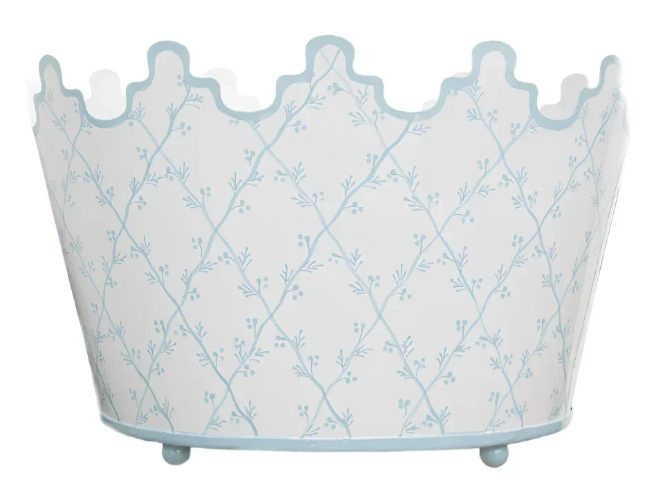 White & Pale Blue Trellis Scalloped Footed Planter - The Mayfair Hall