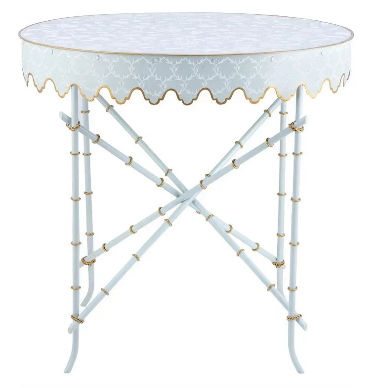 PALE BLUE & WHITE TRELLIS Oval SCALLOPED TABLE - The Mayfair Hall