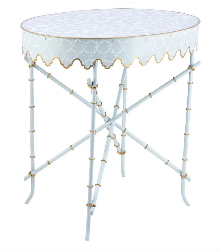 PALE BLUE & WHITE TRELLIS Oval SCALLOPED TABLE - The Mayfair Hall