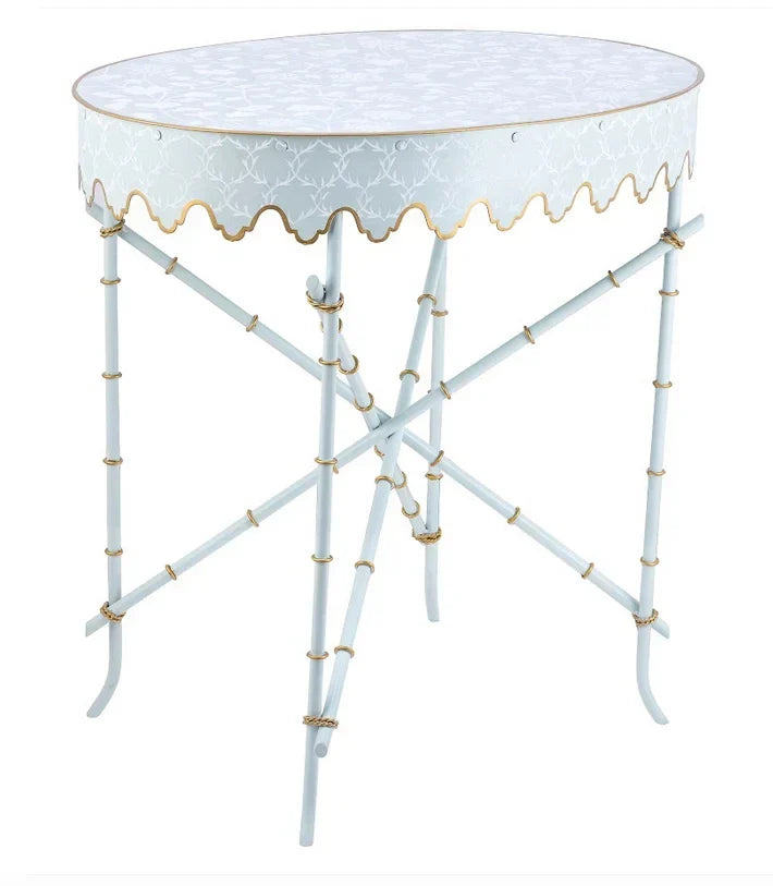 PALE BLUE & WHITE TRELLIS Oval SCALLOPED TABLE - The Mayfair Hall
