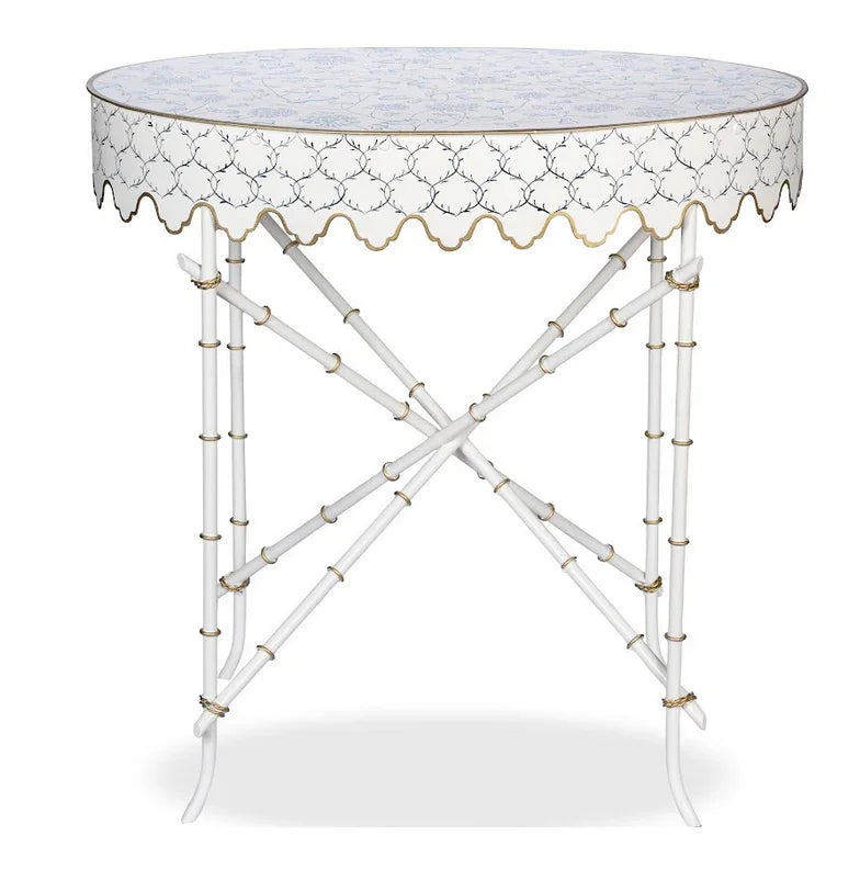 Ivory & Blue Trellis Oval Scalloped Table - The Mayfair Hall