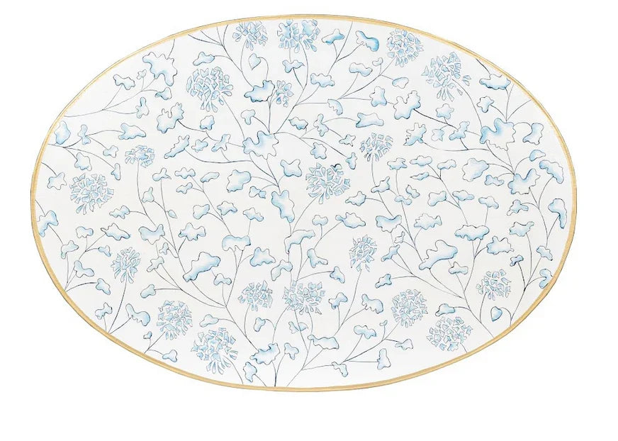 Ivory & Blue Trellis Oval Scalloped Table - The Mayfair Hall