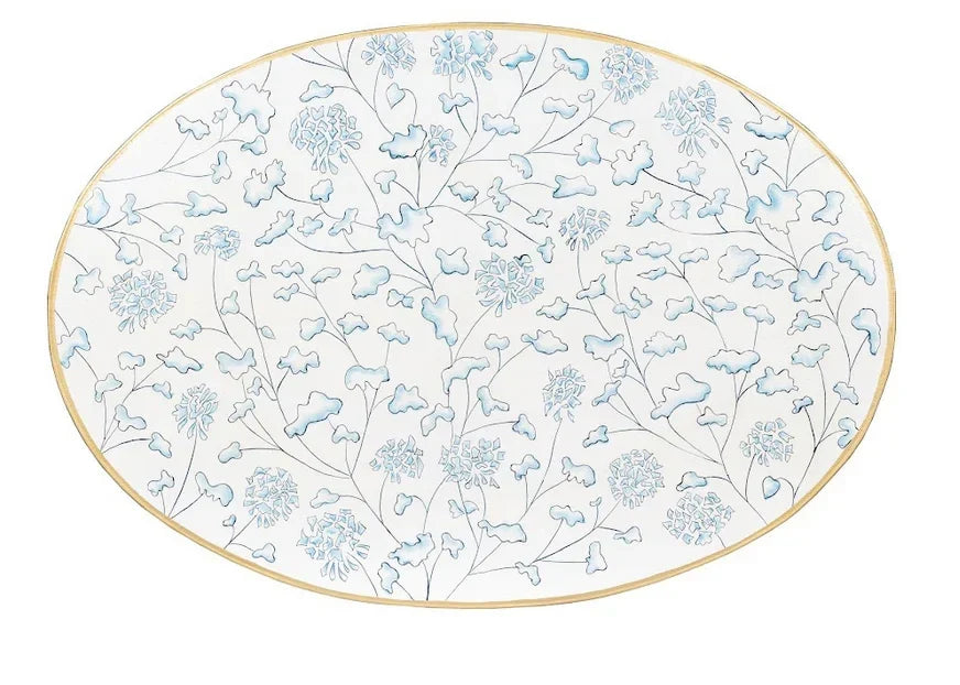 Ivory & Blue Trellis Oval Scalloped Table - The Mayfair Hall