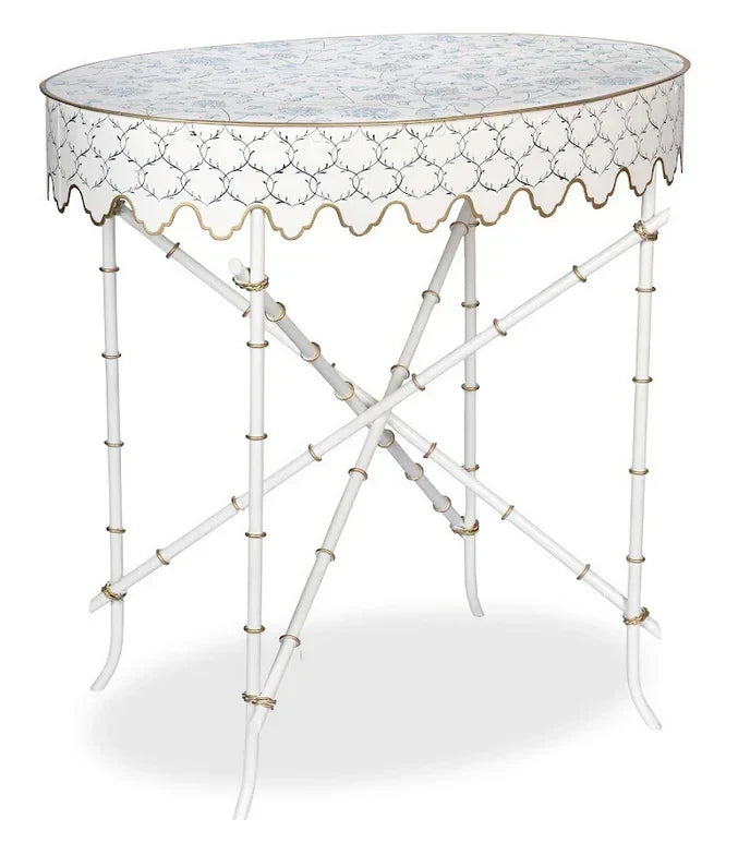 Ivory & Blue Trellis Oval Scalloped Table - The Mayfair Hall