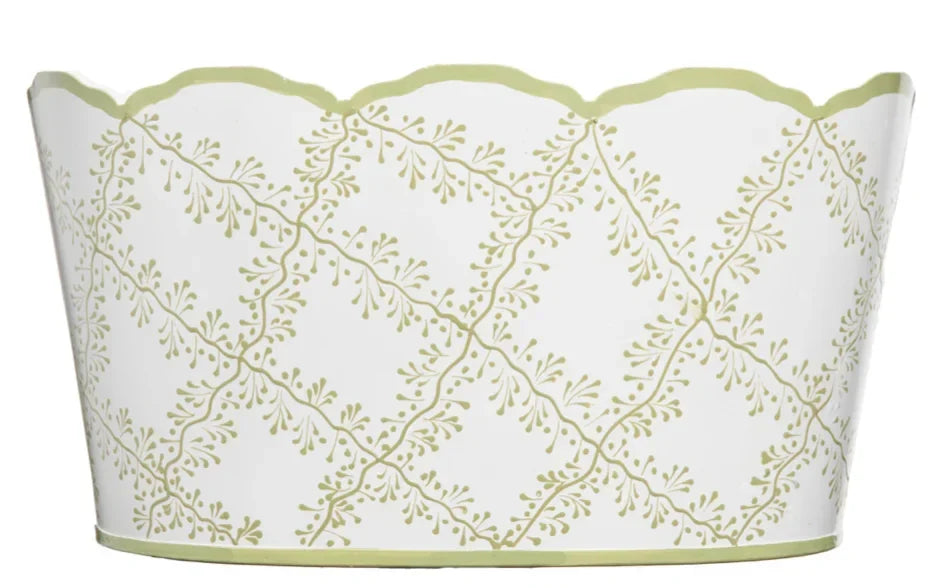 White & Green Trellis Scalloped Planter - The Mayfair Hall