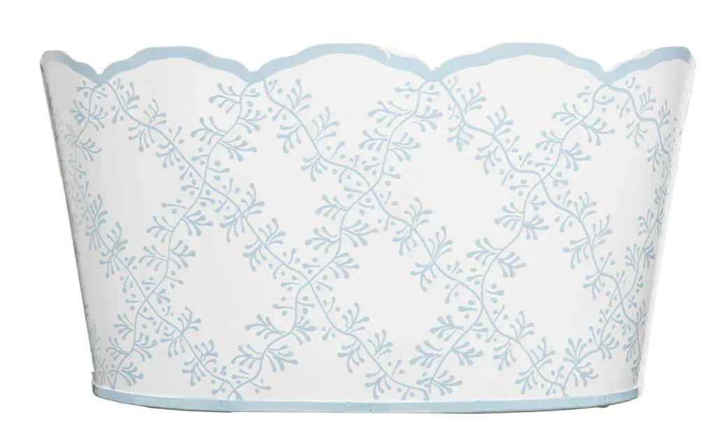 White & Pale Blue Trellis Scalloped Planter - The Mayfair Hall