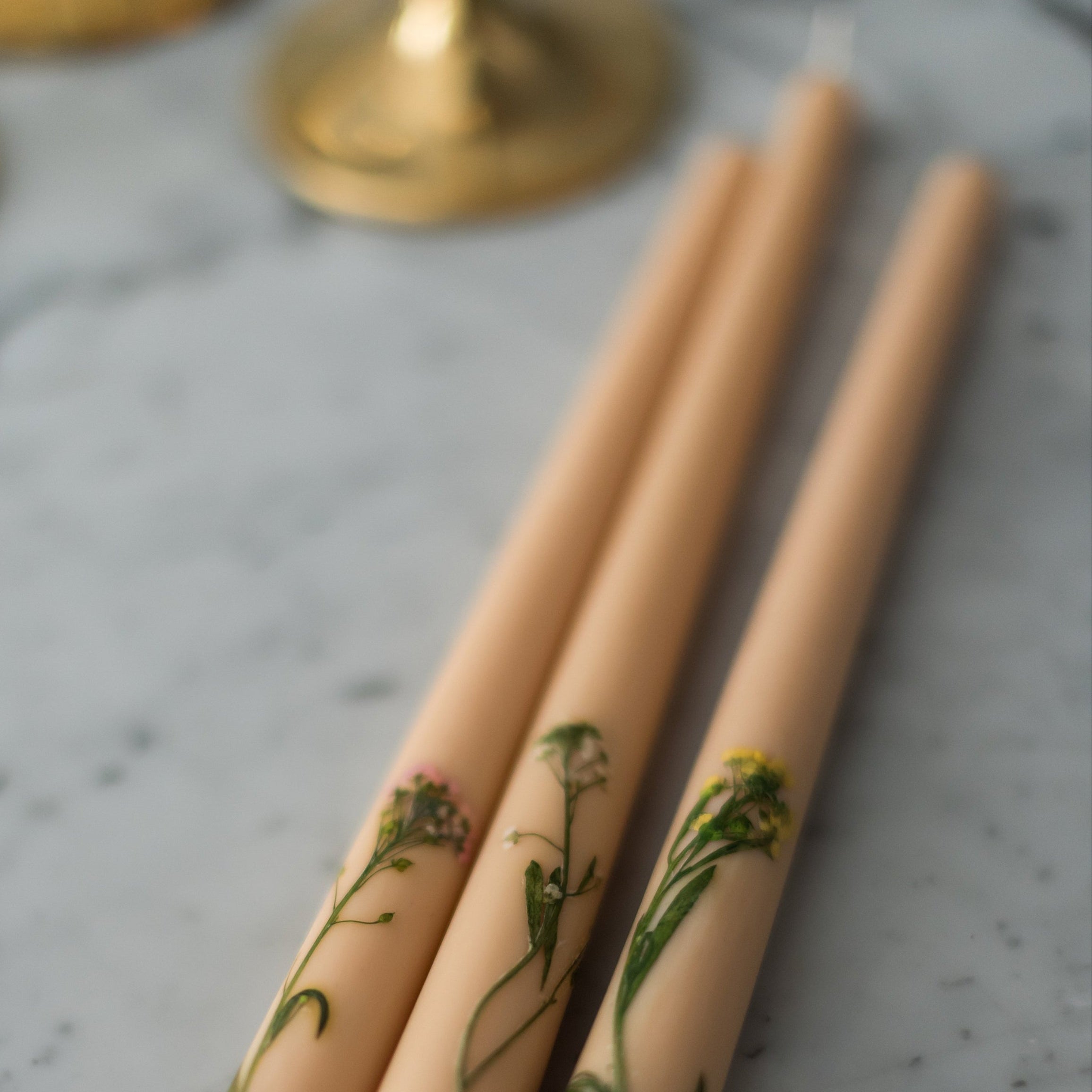 Floral Inlaid Tapered Candle in Cream - Set of 3