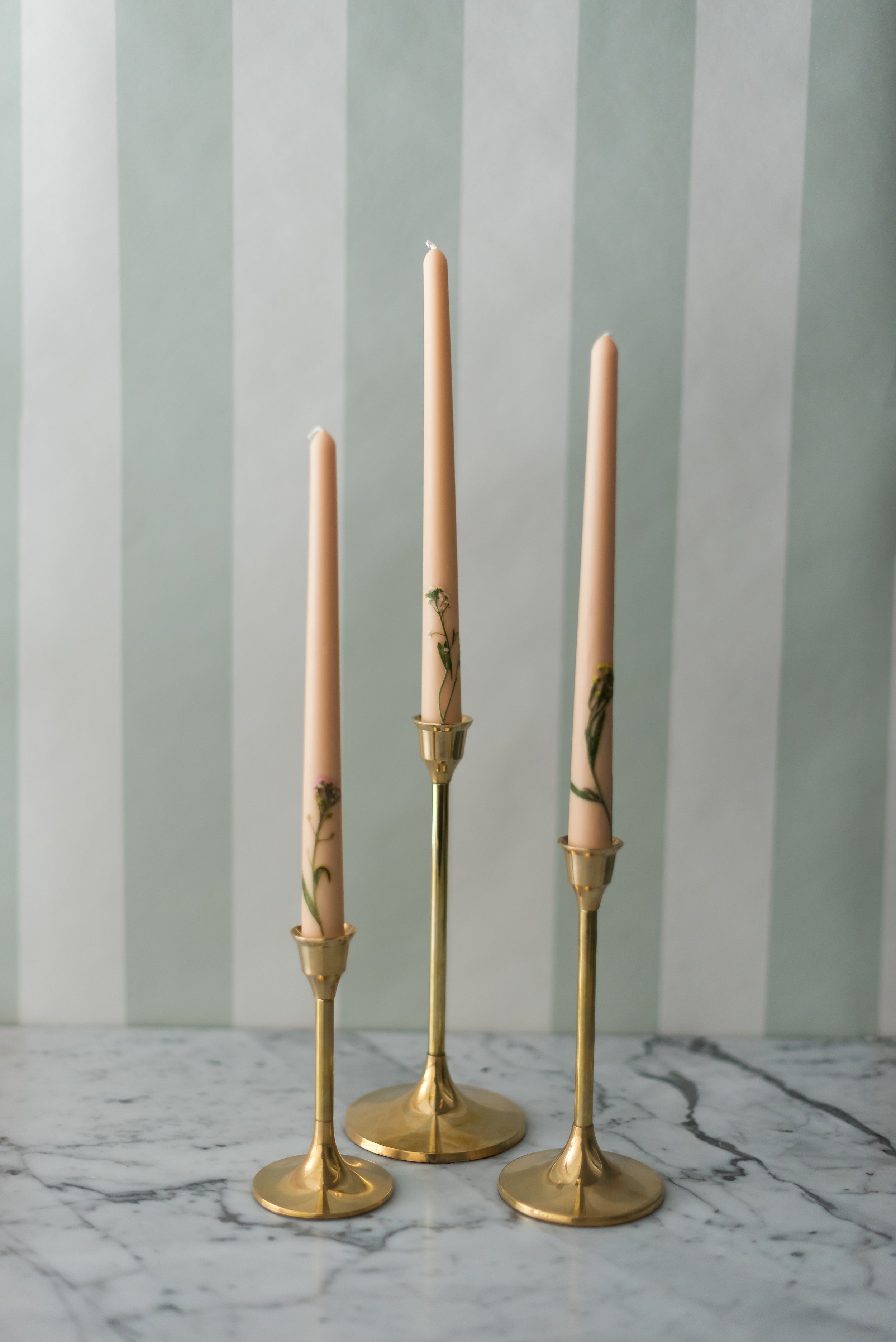 Floral Inlaid Tapered Candle in Cream - Set of 3