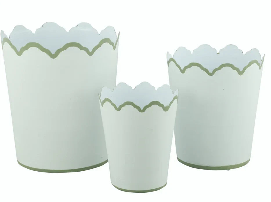 White & Soft Green Scalloped Planters - The Mayfair Hall