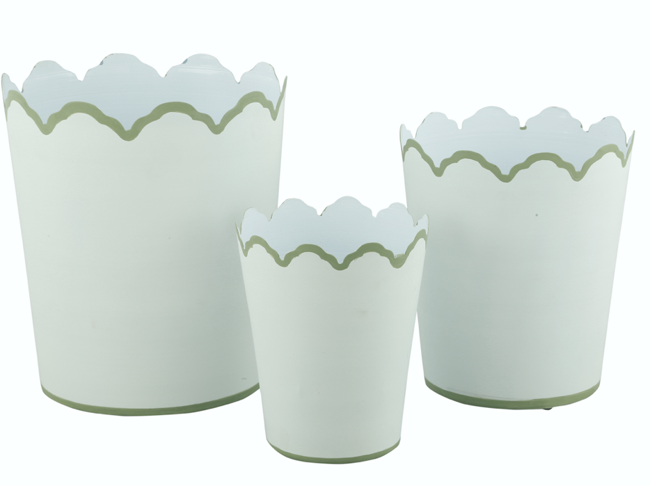 White & Soft Green Scalloped Bucket Wastepaper Basket & Planters (4 Options)