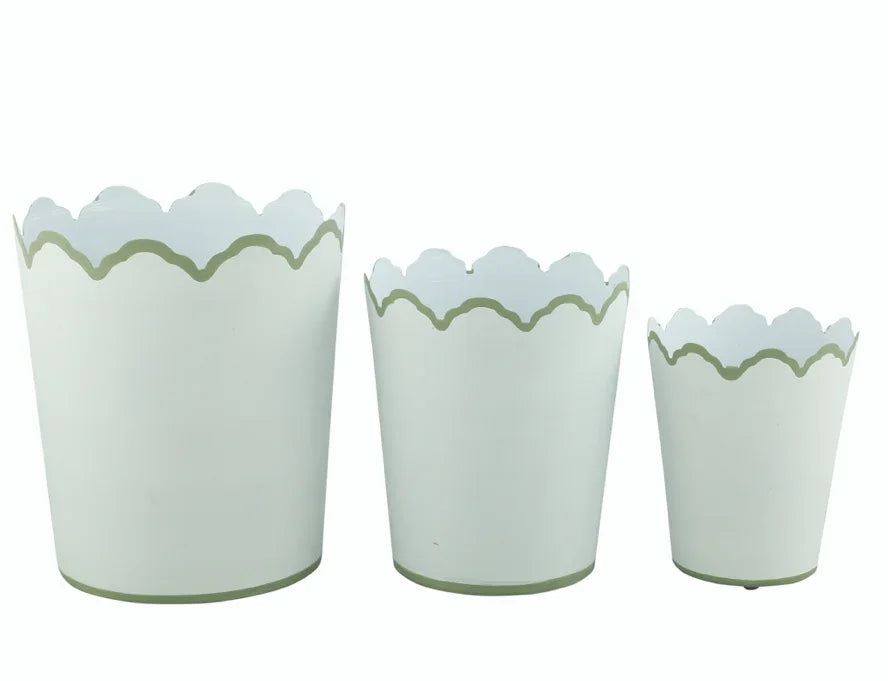 White & Soft Green Scalloped Planters - The Mayfair Hall
