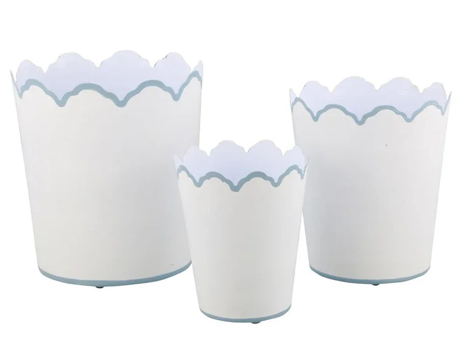 White & Pale Blue Scalloped Planters - The Mayfair Hall