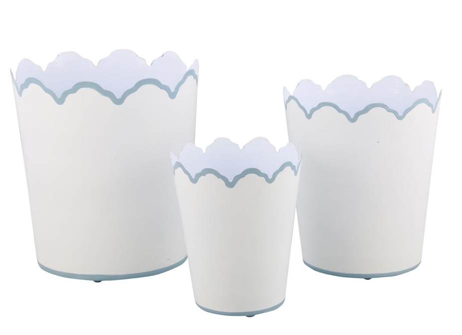 White & Pale Blue Scalloped Bucket Wastepaper Basket & Planters (4 Options)