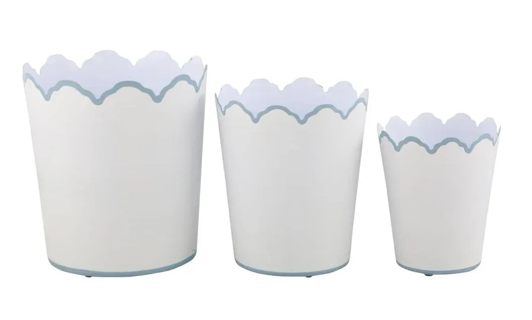 White & Pale Blue Scalloped Planters - The Mayfair Hall