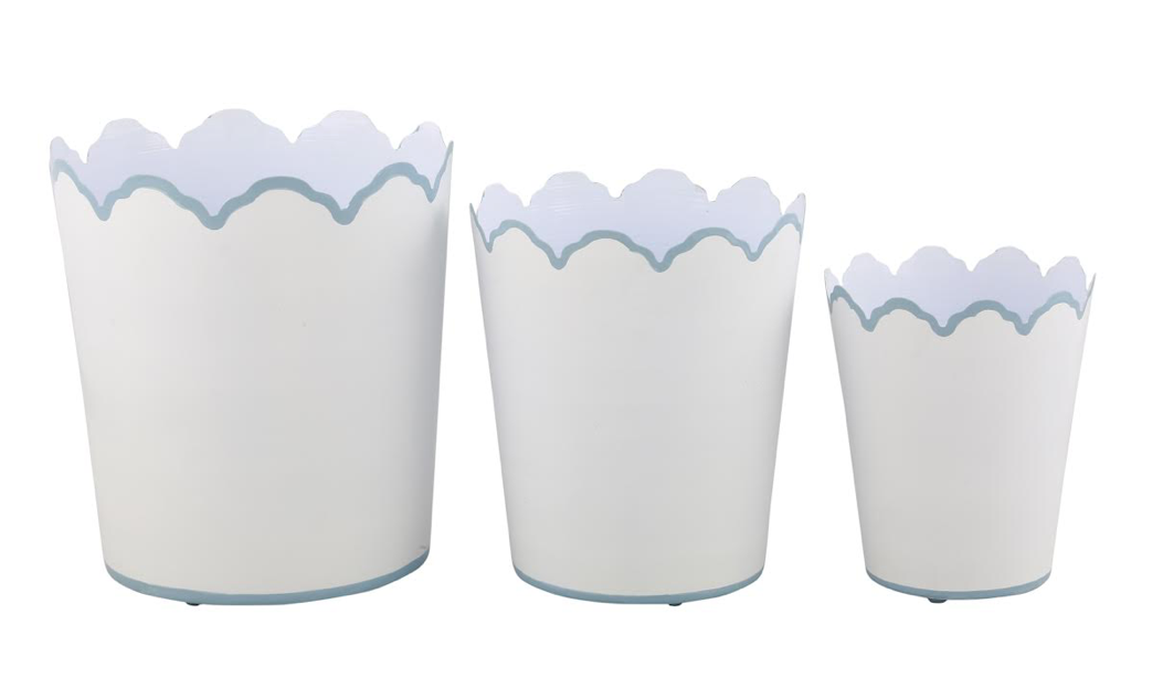 White & Pale Blue Scalloped Bucket Wastepaper Basket & Planters (4 Options)