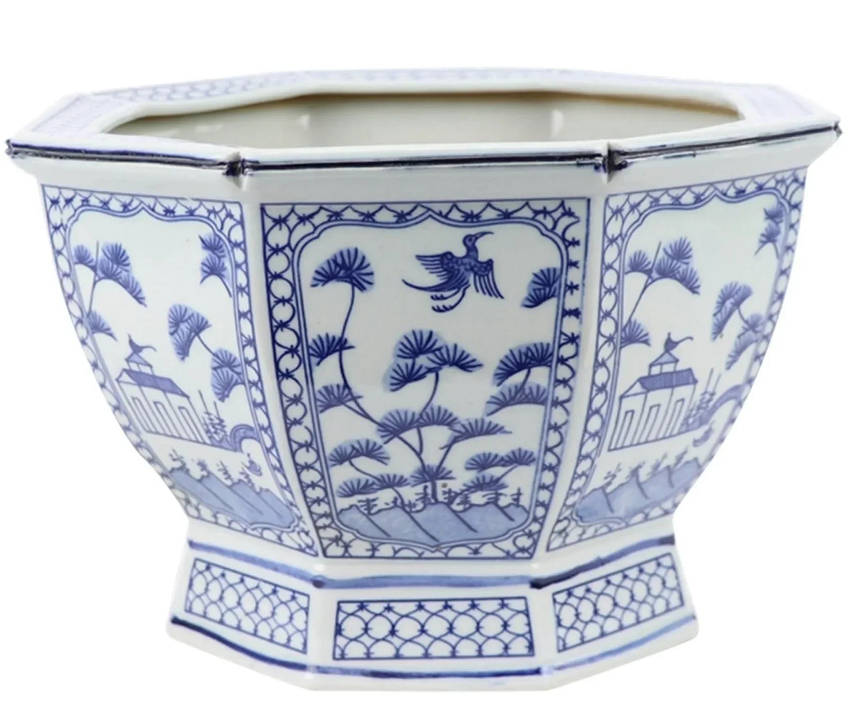Mid Size Hexagon Planter in Soft Blue with Floral and Village Design - The Mayfair Hall
