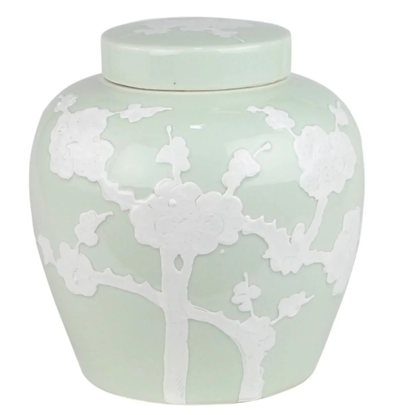 PASTEL PALE GREEN CHERRY BLOSSOM FLAT TOP JAR - The Mayfair Hall