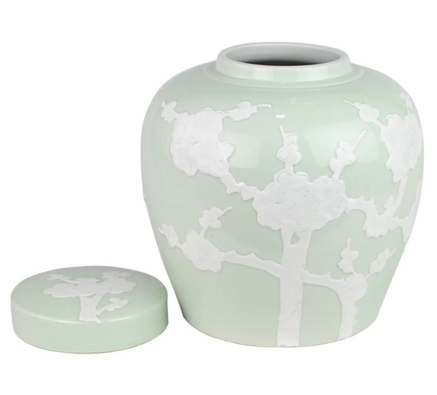 PASTEL PALE GREEN CHERRY BLOSSOM FLAT TOP JAR - The Mayfair Hall