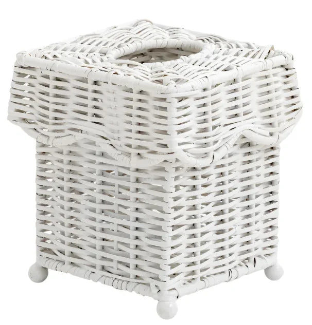 White SCALLOPED WICKER WASTEPAPER BASKET & TISSUE HOLDER - The Mayfair Hall