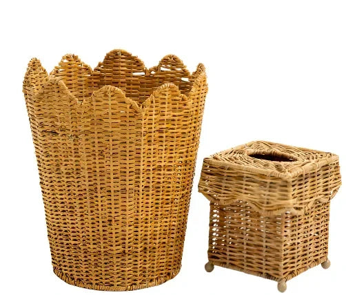 Natural Scalloped Wicker Wastepaper Basket & Tissue Holder - The Mayfair Hall