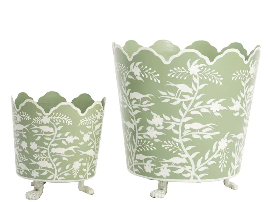 Soft Green & White Scalloped Footed Planter - The Mayfair Hall