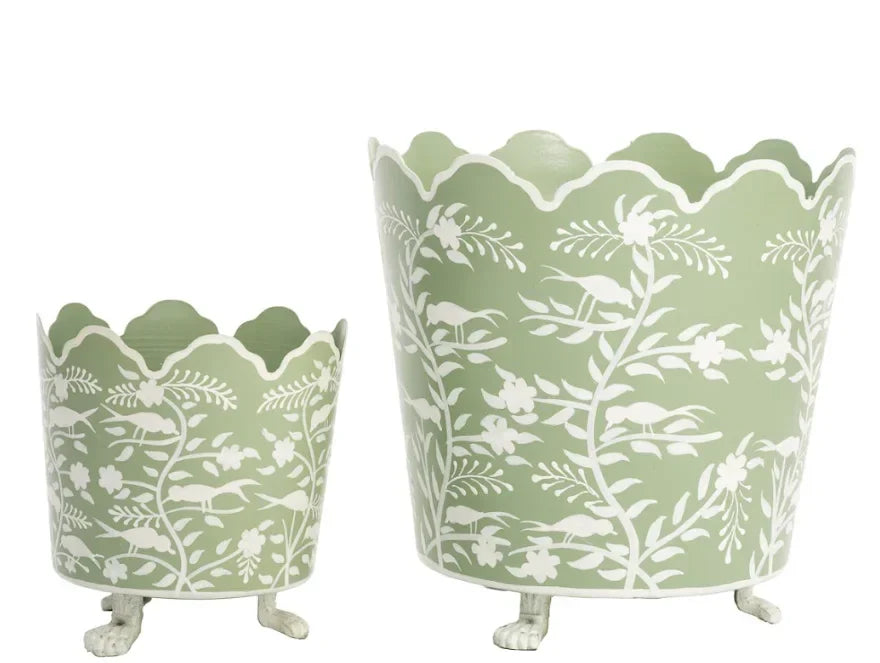 Soft Green & White Scalloped Footed Planter - The Mayfair Hall