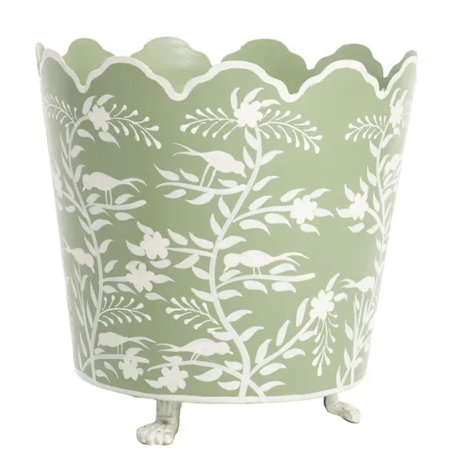 Soft Green & White Scalloped Footed Planter - The Mayfair Hall