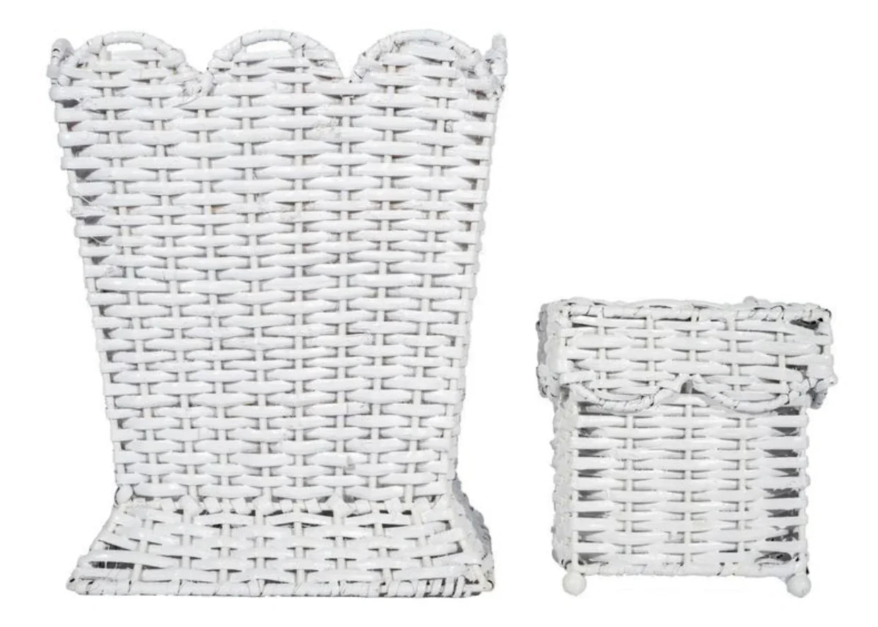 SQUARE SCALLOPED White WICKER WASTEPAPER BASKET & TISSUE HOLDER - The Mayfair Hall