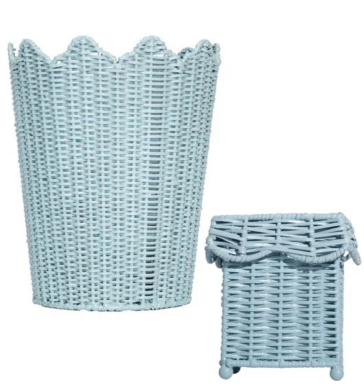 Blue SCALLOPED WICKER WASTEPAPER BASKET & TISSUE HOLDER - The Mayfair Hall
