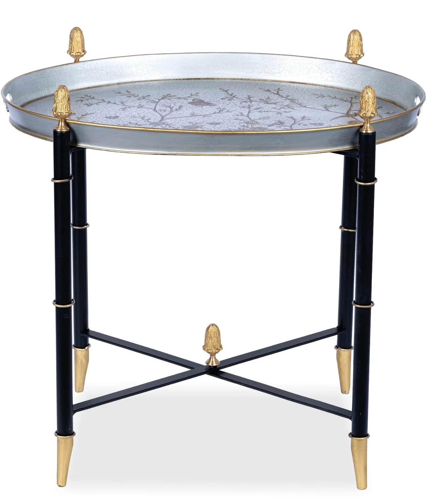 Pewter Round Tray Table in Black with Gold Finials - The Mayfair Hall