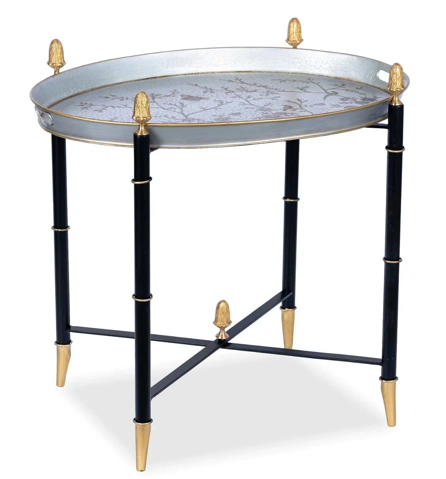 Pewter Round Tray Table in Black with Gold Finials - The Mayfair Hall