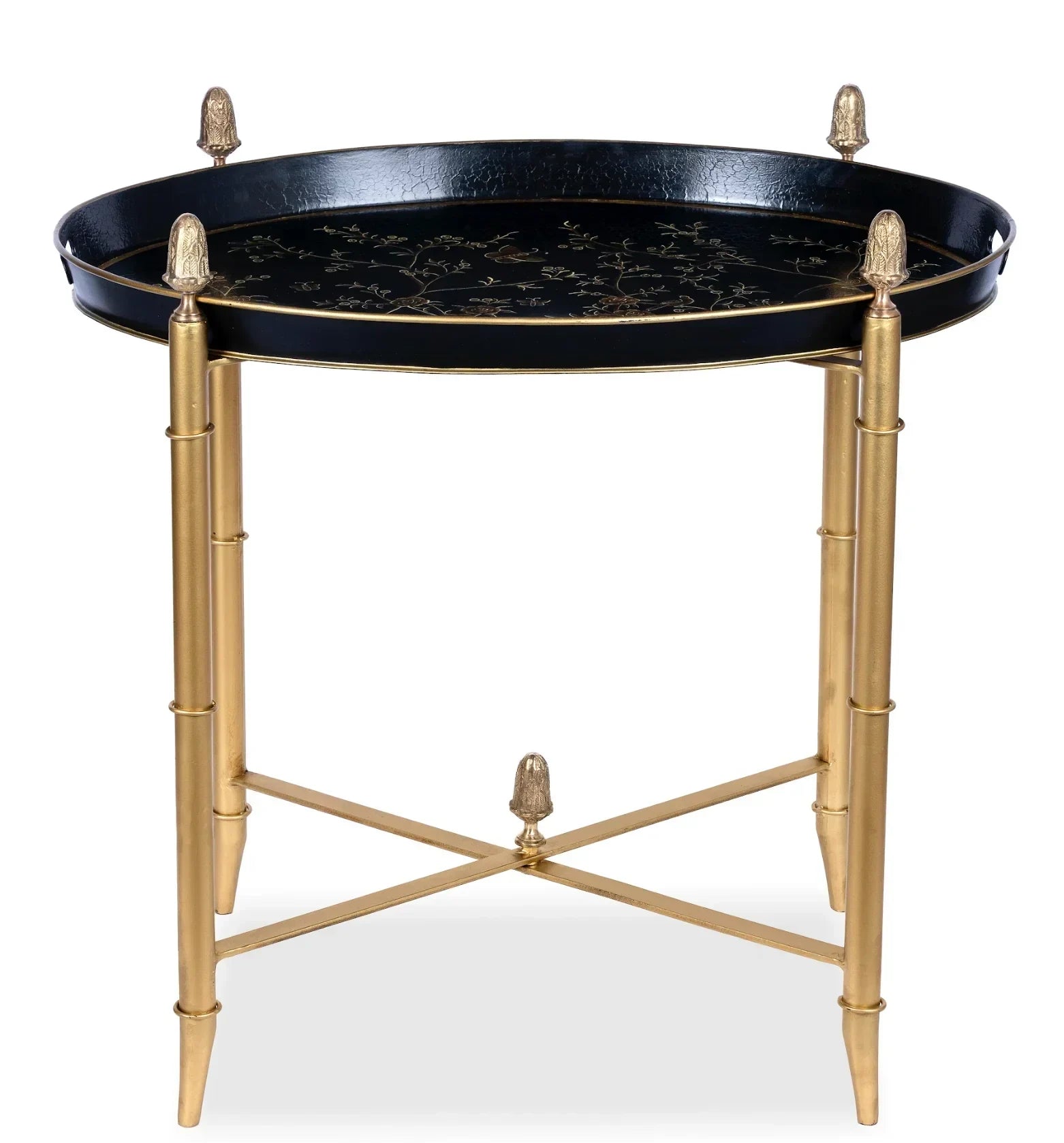 BLACK Round Tray & Gold Table with Finials - The Mayfair Hall