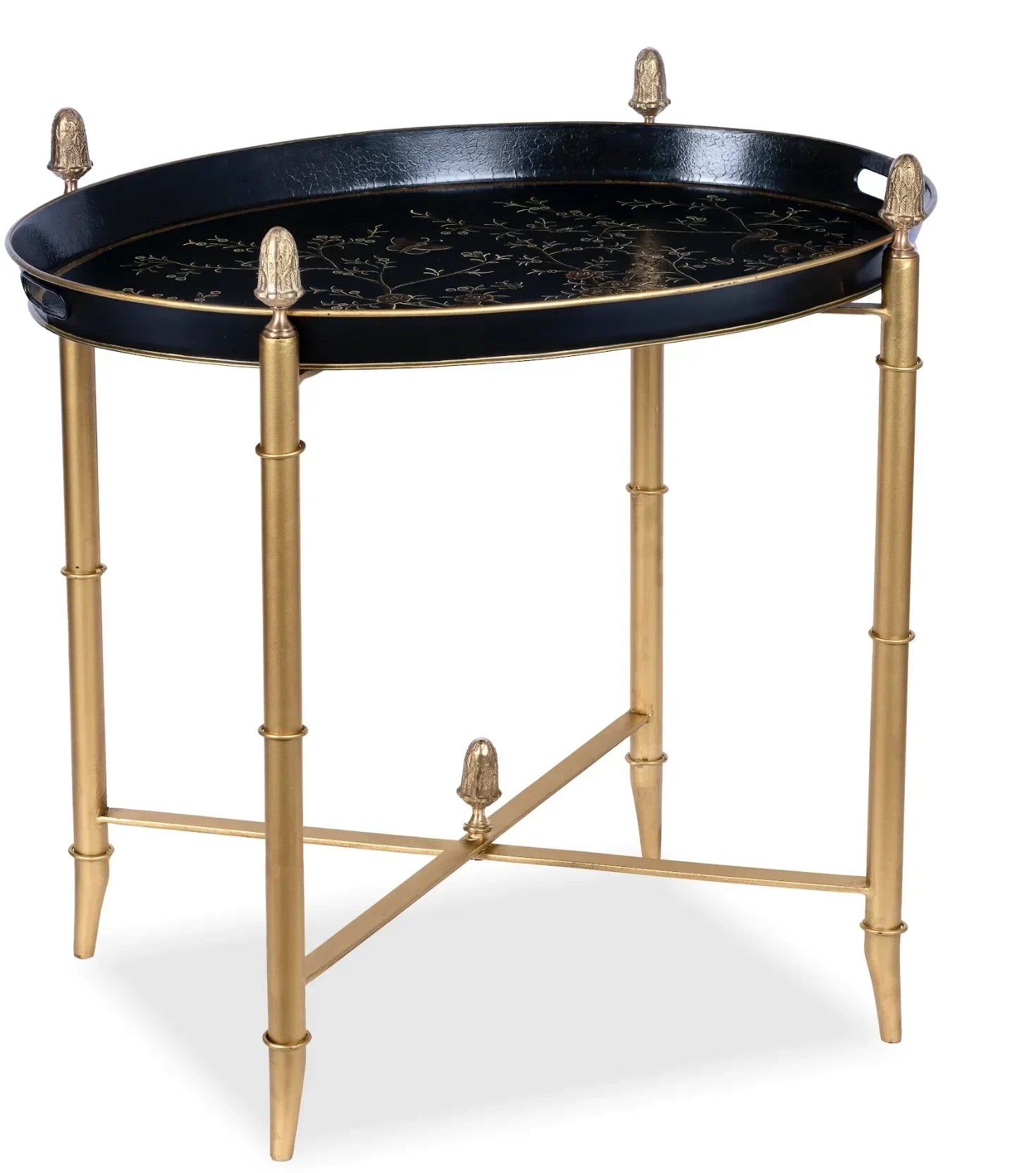 BLACK Round Tray & Gold Table with Finials - The Mayfair Hall