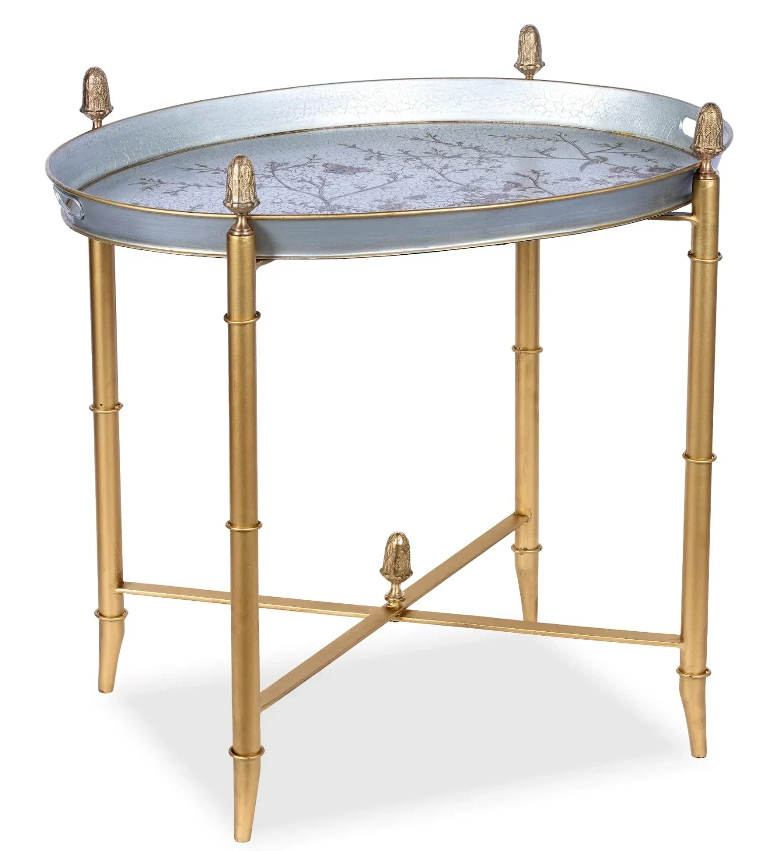 Pewter Round Tray & Gold Table with Finials - The Mayfair Hall