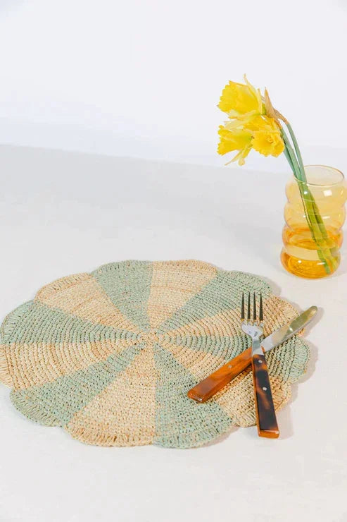 Pinwheel Blue Placemat, raffia tabletop - The Mayfair Hall