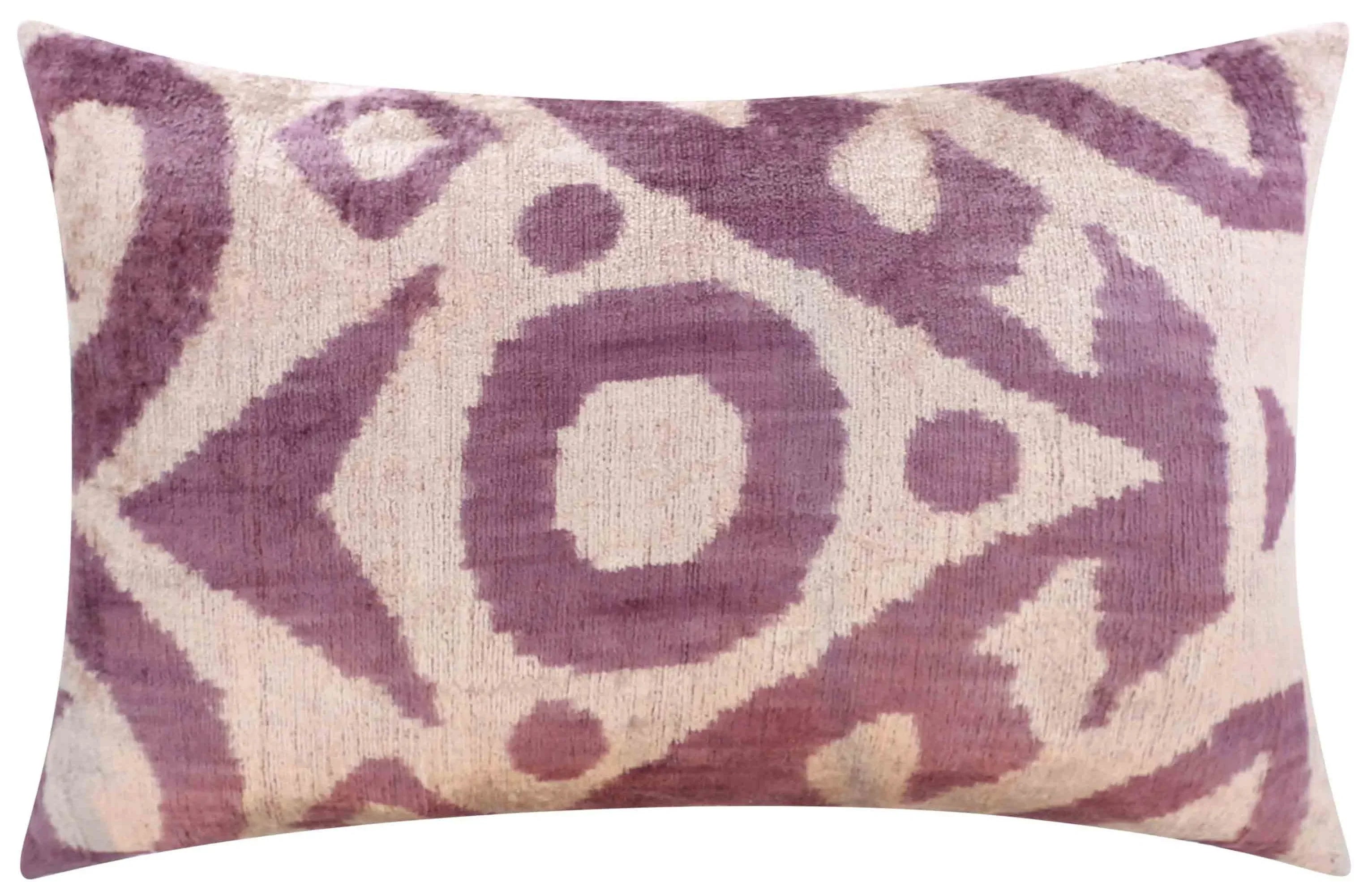 Handmade Ikat Silk Velvet Throw Pillow - 16x24, Lavender and Cream Luxury Cushion with Down Feather Insert - The Mayfair Hall