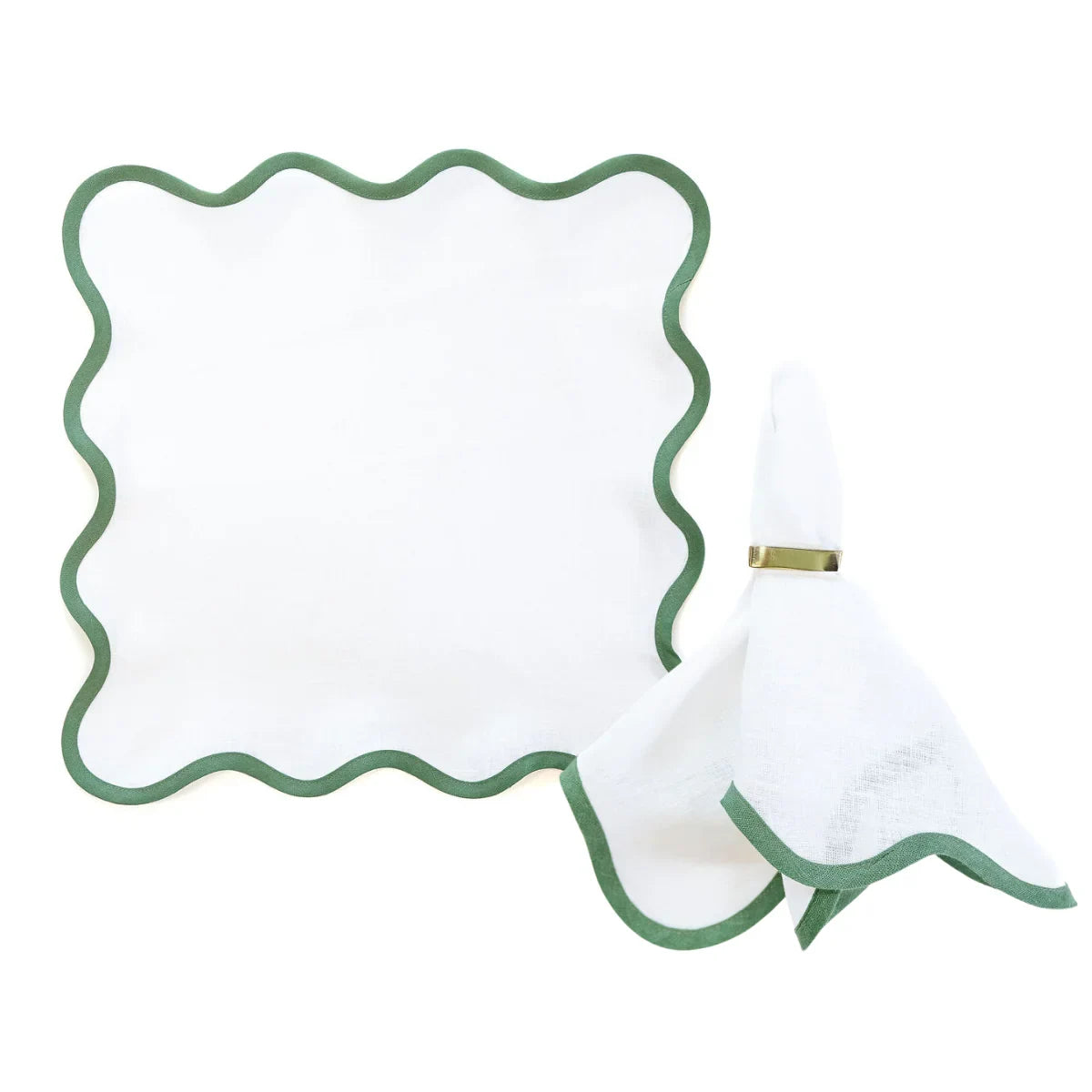 Lily White with Pine Green Linen Scalloped Napkin