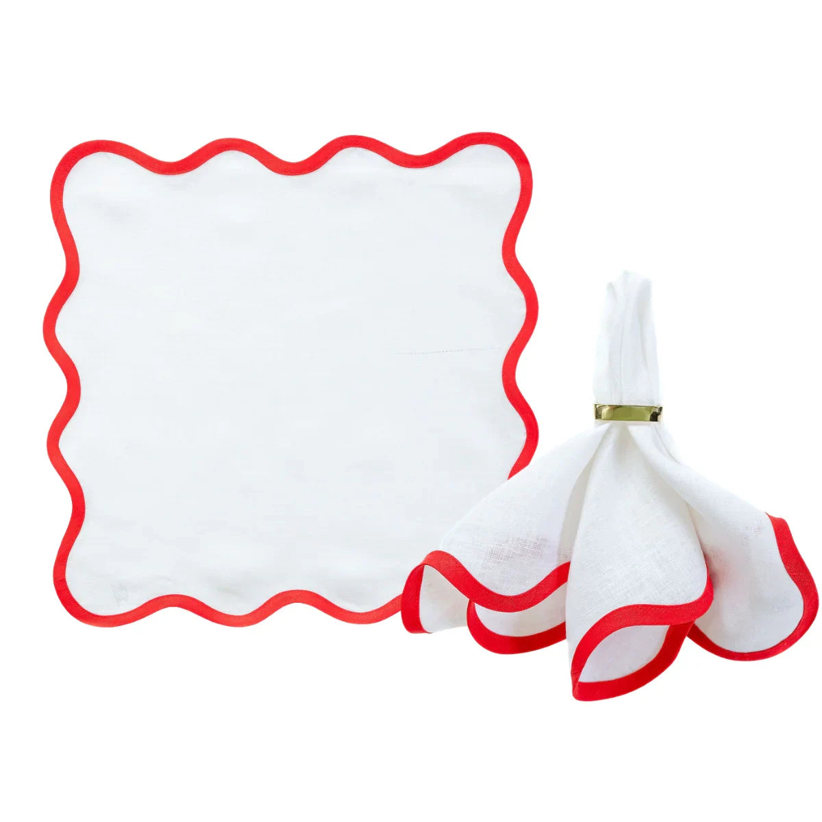 Red and White Scalloped Linen Napkin