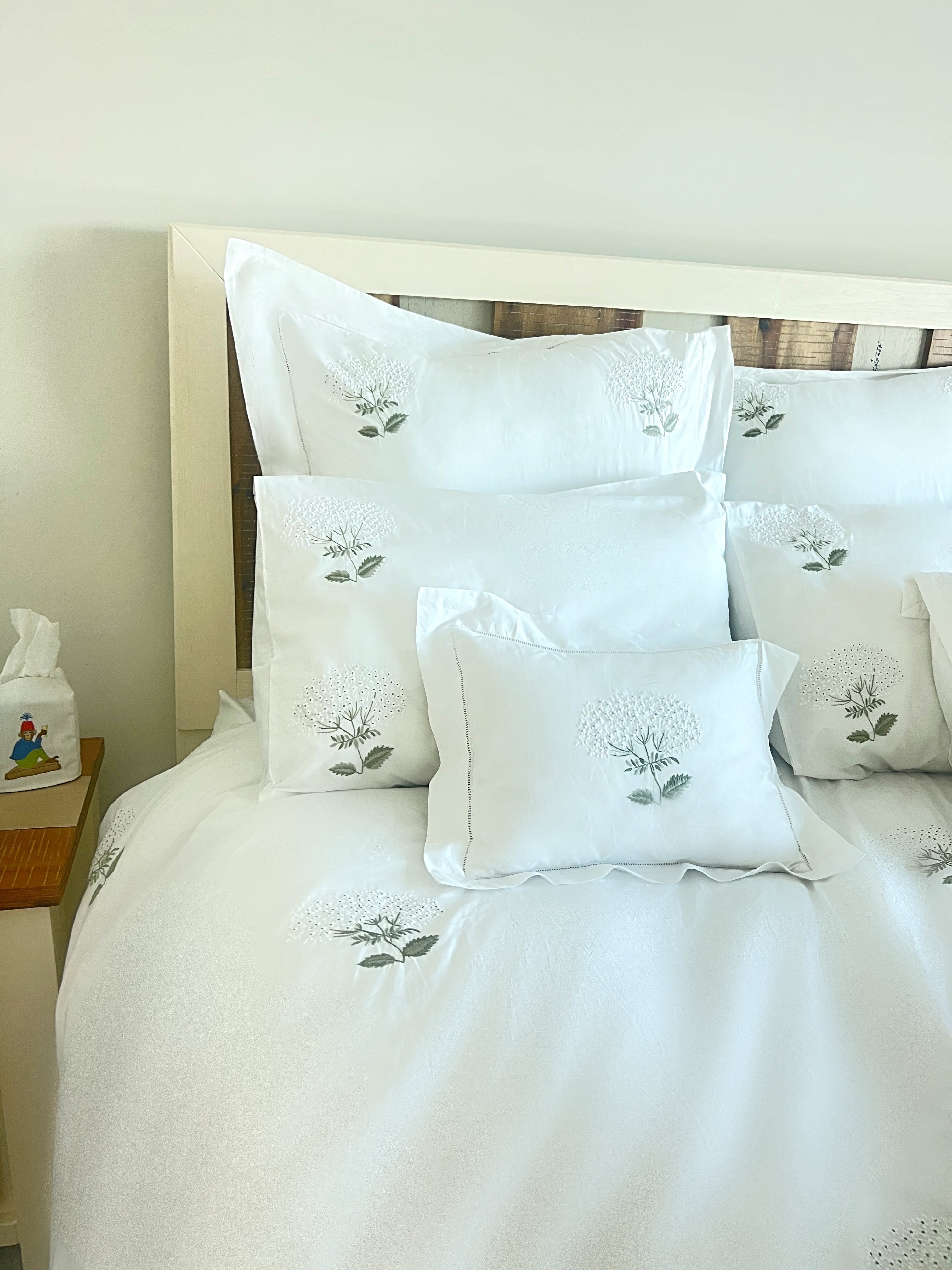 Boudoir Pillow Cover, Embroidered with Hem Stitch - Hydrangea (White)